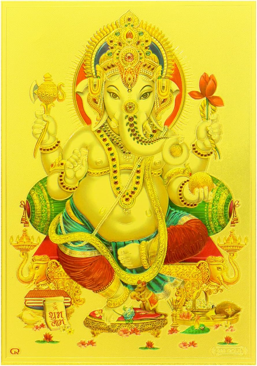 Yogic Mantra Lord Ganesha Photo | Unframed 5x7 Inch | 180 GSM Gold Foil Paper | Embossed Printing | Elephant God Ganesh Wall Decor Poster | Diwali Art Gift | For Home Mandir and Office Temple