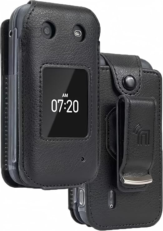 Nakedcellphone Nokia 2760/2780 Flip Phone Case Black Vegan Leather Form Fit Cover Built-in Screen Protector Metal Belt Clip for Tracfone N139DL TA-1398 TA-1451 TA-1420