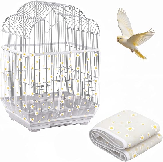 Trinkrittey Bird Cage Seed Catcher, Universal Bird Cage Seed Catcher Guard Adjustable Parrot Nylon Mesh Net Cover for Round Square Cages Parrot Parakeet African Macaw(Daisy-White, 15.7" x87")