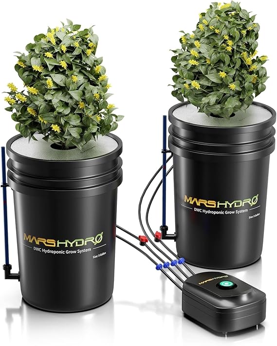 MARS HYDRO DWC Hydroponics Buckets Grow System 5 Gallon Deep Water Culture with 8W Air Pump, Multi-Purpose Air Hose, Air Stone, 2 Buckets and Top Drip Kit