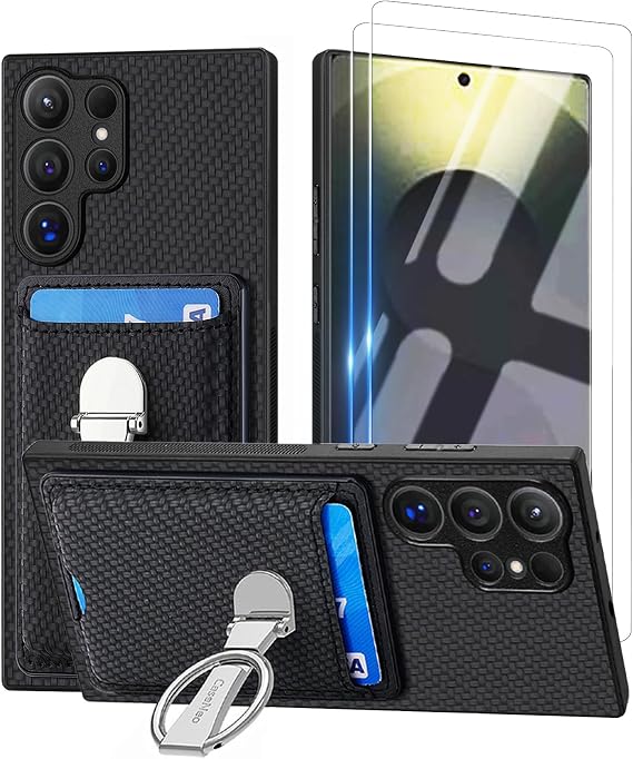 Case for Samsung Galaxy S25 Ultra with Card Holder and Kickstand,Samsung S 25 Ultra Phone Case with 2 Set Screen Protector,Shockproof Wallet Cover for Galaxy S25 Ultra 5G,Black
