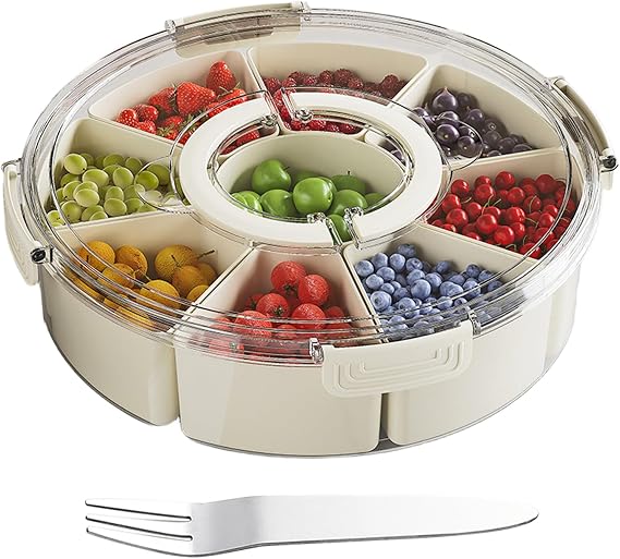 Snack Box with Compartments Round Large Snack Box with 9 Compartments Lid Handle 4 Forks Snack Plate with Lid for Snacks Sweets Nuts Fruit Spices for Party Picnic Trips