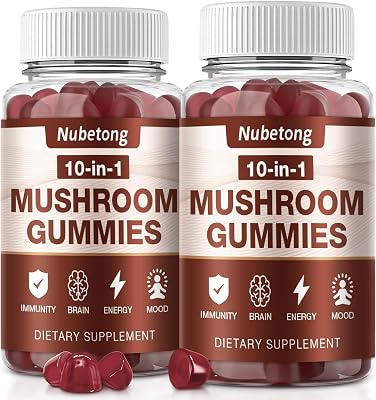 Nubetong Mushroom Gummies for Adults - 10x Mushroom Supplement Gummies with Lions Mane, Reishi, Chaga & Turkey Tail | Stress Relief, Focus & Immune Support 2 Pack