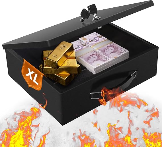 Fireproof Document Box, Large Document Safe Box with Key Lock and Handle, Portable Fire Proof Documents Storage Box for Personal Items, Passport, Cash, Tablet, Exterior, 33.5x28x10.5cm
