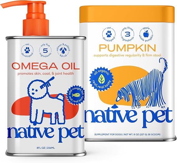 Native Pet Omega Oil for Dogs & Pumpkin for Dogs | Dog Fish Oil Supplements | All-Natural, Organic Fiber | 8 Oz. Omega Oil & Pumpkin Powder