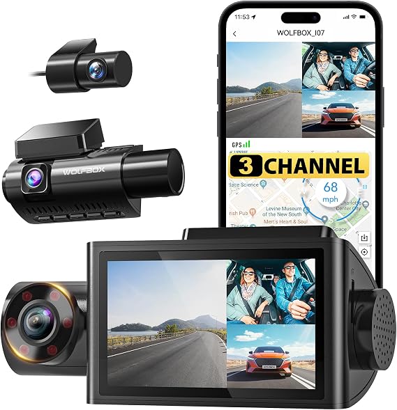 WOLFBOX i07 3 Channel Dash Cam Built-in WiFi GPS,1440P+1080P+1080P Dashcam | Triple Car Camera,3" LCD Screen,IR Night Vision, 24H Parking Mode(Card Not Included)