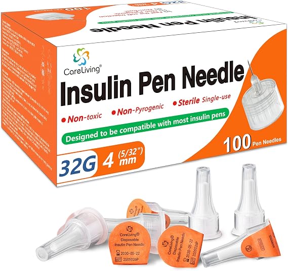 CareLiving Insulin Pen Needle 32G 4 mm (5/32), 100 Count, 3-Beveled Tip Design, Universal Fit Compatible with Most Pen Injector Device, Ultra-Thin for Comfortable Insulin Injection