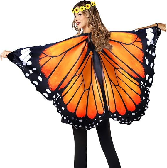 Monarch Adult-Butterfly-Wings-Costume for Women Flower Headband | 2-Pc Women Fairy Wings Costume Set - Butterfly Cape for Music Festivals Outfit, Halloween Cosplay, Rave Parties & Dance Wear