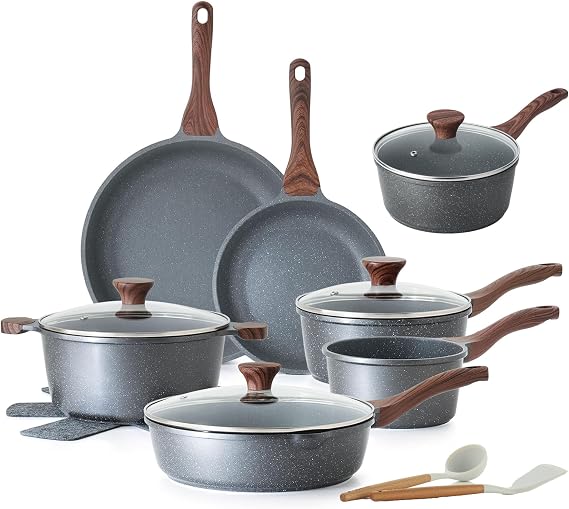 SENSARTE 17 Piece Nonstick Cookware Set, includes 1.5 Quarts Ceramic Nonstick Saucepan with Lid
