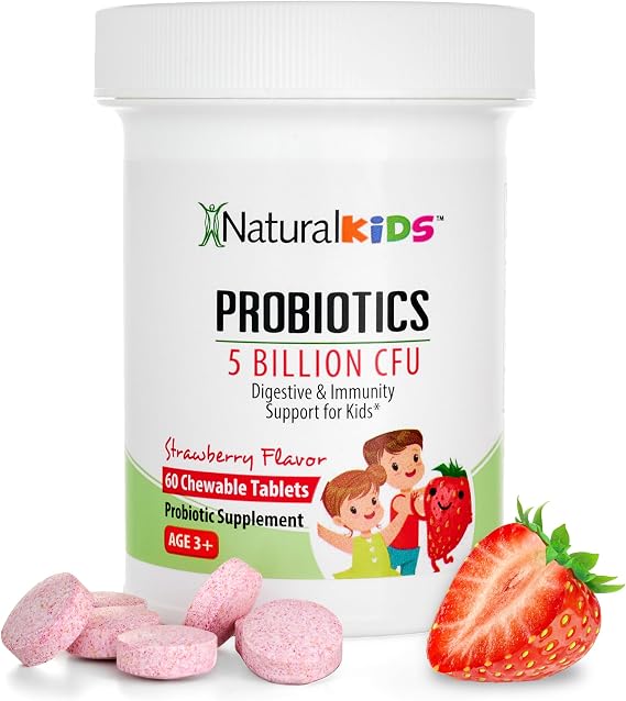 NaturalSlim Kids Probiotics for Digestive & Gut Health, Immune Support, 5 Billion CFU with LGG, BB-12 & 4 Probiotic Strains, 35 mg Calcium, for Children Ages 3+, Strawberry Flavor, 60 Chewable Tablets