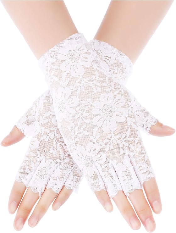 Skylety Lace Gloves for Women 1920s Sunblock Fingerless Bridal Short Floral Sunblock Gloves for Wedding Opera Tea Party