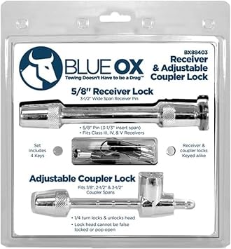 Blue Ox BX88403 Pin Style Coupler Lock & 5/8 Receiver Lock Kit | Includes 4 Keyed Alike Keys | Fits Class III, IV & V Receivers | Prevents Theft