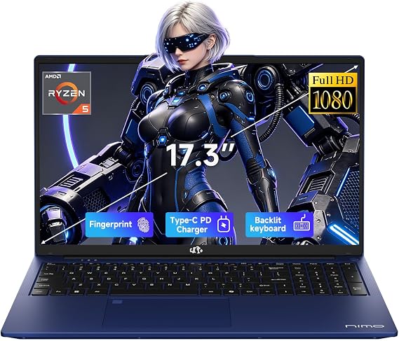 NIMO 17.3" FHD Gaming Laptop, 6-Core AMD Ryzen 5 6600H 16GB DDR5 RAM 1TB SSD (Beat i7-1165G7 up to 4.5GHz) Radeon 660M with 100W Fast PD Backlit Keyboard for Business & Student
