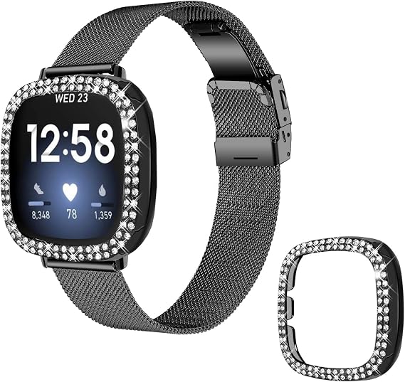 Kadınlar için lüks kılıflı Fitbit versa 4/3 kayış ile uyumlu, Paslanmaz Çelik örgü fitbit sense 2 bantlar ve Elmas Çerçeve Kapak