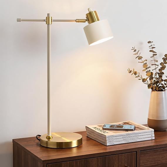OYEARS 22.2" Modern Desk Lamp, Metal Table Lamp with LED Bulb, Adjustable Reading Lamps for Living Room, Mid Century Nightstand Lamp for Home Office, Industrial Bedside Lamps, Cream and Gold