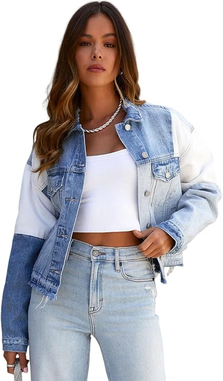 Women's Patchwork Denim Jacket Colorblock Cropped Shacket