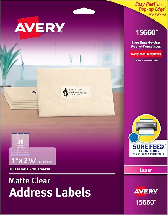 Avery Printable Address Labels for Laser Printers, 1" x 2-5/8", Matte Clear, 300 Blank Mailing Labels (15660)