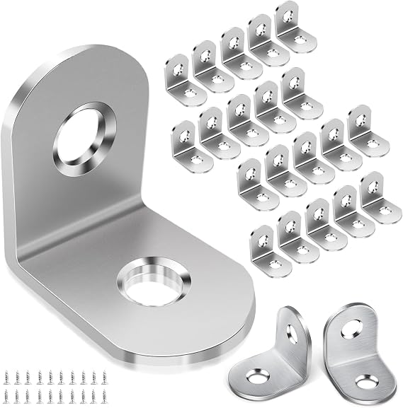 Angle Brackets, 90 Degree L Brackets, 20 × 20mm, 10 Pcs, Stainless Steel | Right Corner, With Screws, For Wood, For Furniture Shelves Chair Table Window