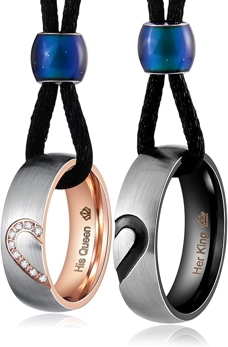 Aienid Matching Necklace, Couple Necklaces for Him and Her Stainless Steel 2Pcs Couple Ring Heart Pendant for Promise