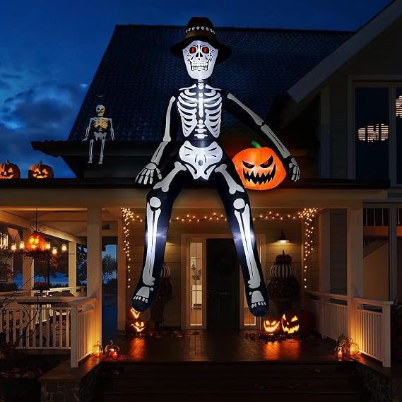10FT Scary Halloween Inflatables Outdoor, Giant Sitting Skeleton Inflatable
