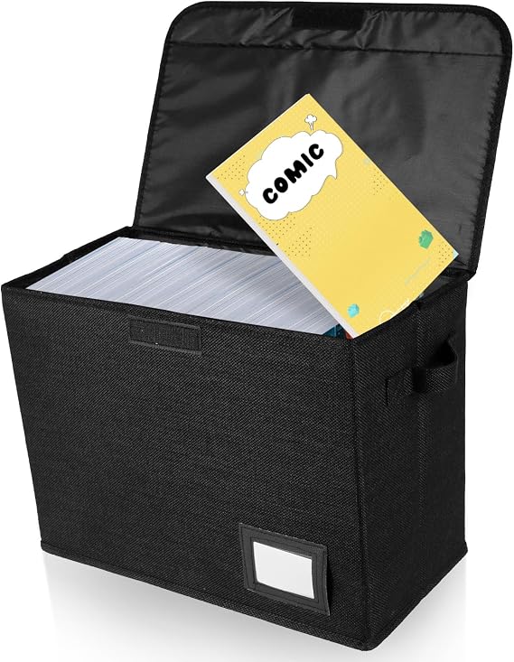 Comic Book Storage Box Holds 150-180 Comics 15.74x7.87x11.8 Inch Foldable Organizer Bin with Lid Label Slot Handles Washable Display Container for Magazines Documents Closet Shelf (Black)