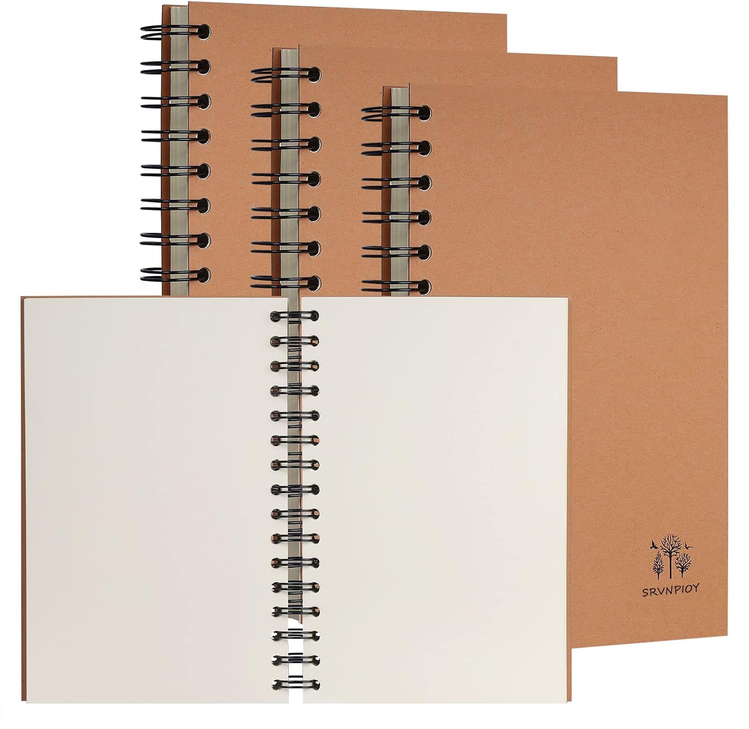 Srvnpioy 3 Pack A5 Blank Wirebound Notebook 300 Pages 150 Sheet, A5 Spiral Sketch Notepad Sketchbooks 80g Paper, Kraft Cover A5 Sketch Book Blank Page Journal Drawing Books for School Office Home