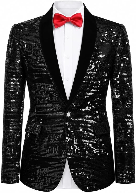 Cloudstyle Mens Shiny Sequin Suit Jacket Shawl Lapel Dinner Party Blazer | Glossy Comfortable Fabric Elegant Stylish Design Unique Tuxedo Sport Coat for Evening Events Cocktail Performance