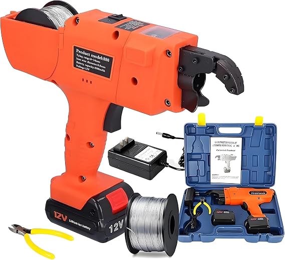 Rebar Tier Tying Machine, Cordless Rebar Tying Machine, with 2 x 12V Rechargeable Batteries,0.8s Knot Time,Tightness Adjustable, for Bending Rebar, Steel Bar, Steel Rod 8-34mm