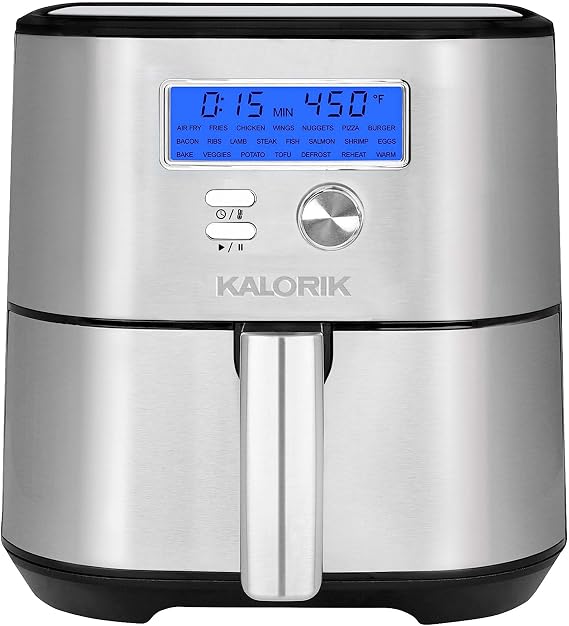 Kalorik MAXX Plus Digital 7-Quart, 7-in-1 Oilless Air Fryer, LCD Display, 22 Smart Presets, 5 Accessories, and Recipe Book, 1750W, Stainless Steel, FT 50928 OW