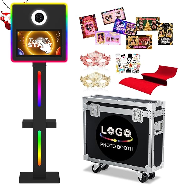 Mirror Photo Booth with 15.6 Interactive Touch Screen-RGB Light Supported by APP Control & Music Sync,DSLR Photo Booth with Flight Case, Instant Printing for Ideal Event Companion (Square Black)