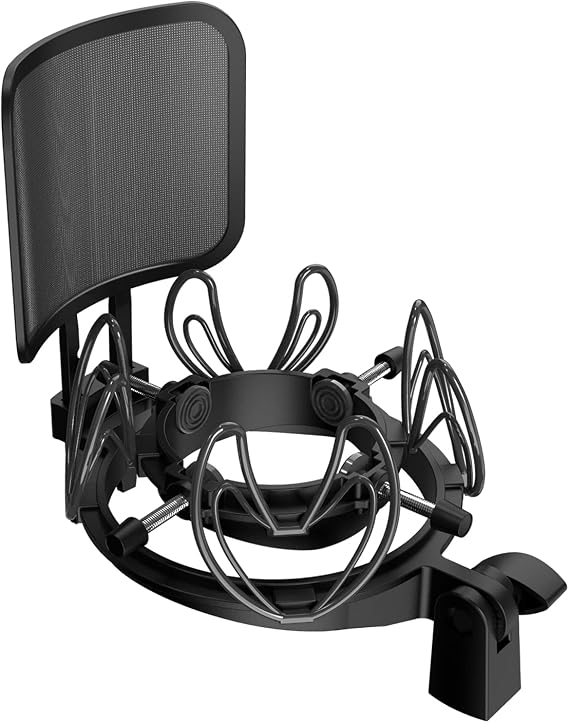 Universal Microphone Shock Mount with Pop Filter for All Microphones Size at 21mm-62mm, Includes Anti-Vibration Mic Holder and Pop Filter (Black)