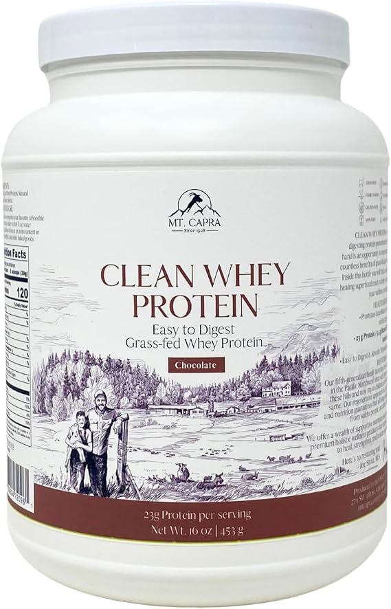 Mt. Capra Clean Whey Protein | Grass-Fed Undenatured Goat Whey Protein Powder | 24 g Protein Per Serving, All Natural, Non-GMO, High in Branch Chain Amino Acids | Chocolate | 15 Servings - 16 oz