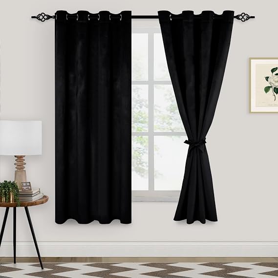 XWZO Black Velvet Curtains 63 Inches Long, Elegent Soft Luxury Curtains for Living Room, Thermal Insulated Room Darkening Black Curtain for Bedroom Decor, Velvet Drapes Set 2 Panels