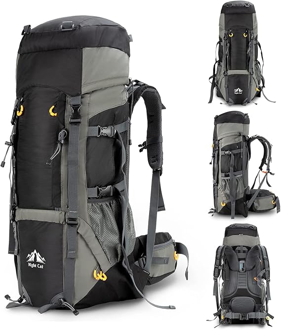 Night Cat Camping Backpacks 90L with Internal Frame Hiking Backpack for Men Women Waterproof Lightweight Breathable Outdoor Mountaineering Traveling