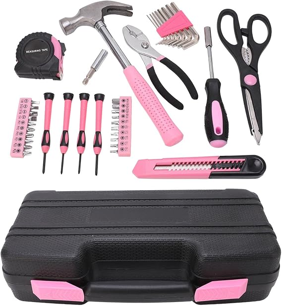 39 Pcs Household Repair Tool, Portable Hand Toolbox for Girl, Kit with Claw Hammer, Screwdriver, Bit, Box, Black for Furniture Assembly, Painting, Hanging, 10127