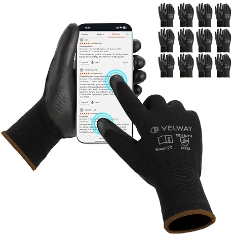 Velway Work Gloves PU Coated Touchscreen 12 Pairs, Black, Size 9/L | Firm Grip Non-Slip, EN388 Rated, Lightweight Breathable Seamless Knit, Ideal for Warehouse Gardening DIY Construction