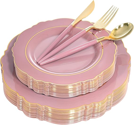 Nervure 100Pcs Mauve Pink Plastic Plates - Mauve Gold Plastic Dinnerware Sets for 20 Guests - 20 Dinner Plates, 20 Dessert Plates, 20 Forks, 20 Knives and 20 Spoons for Wedding & Party & Mother's Day