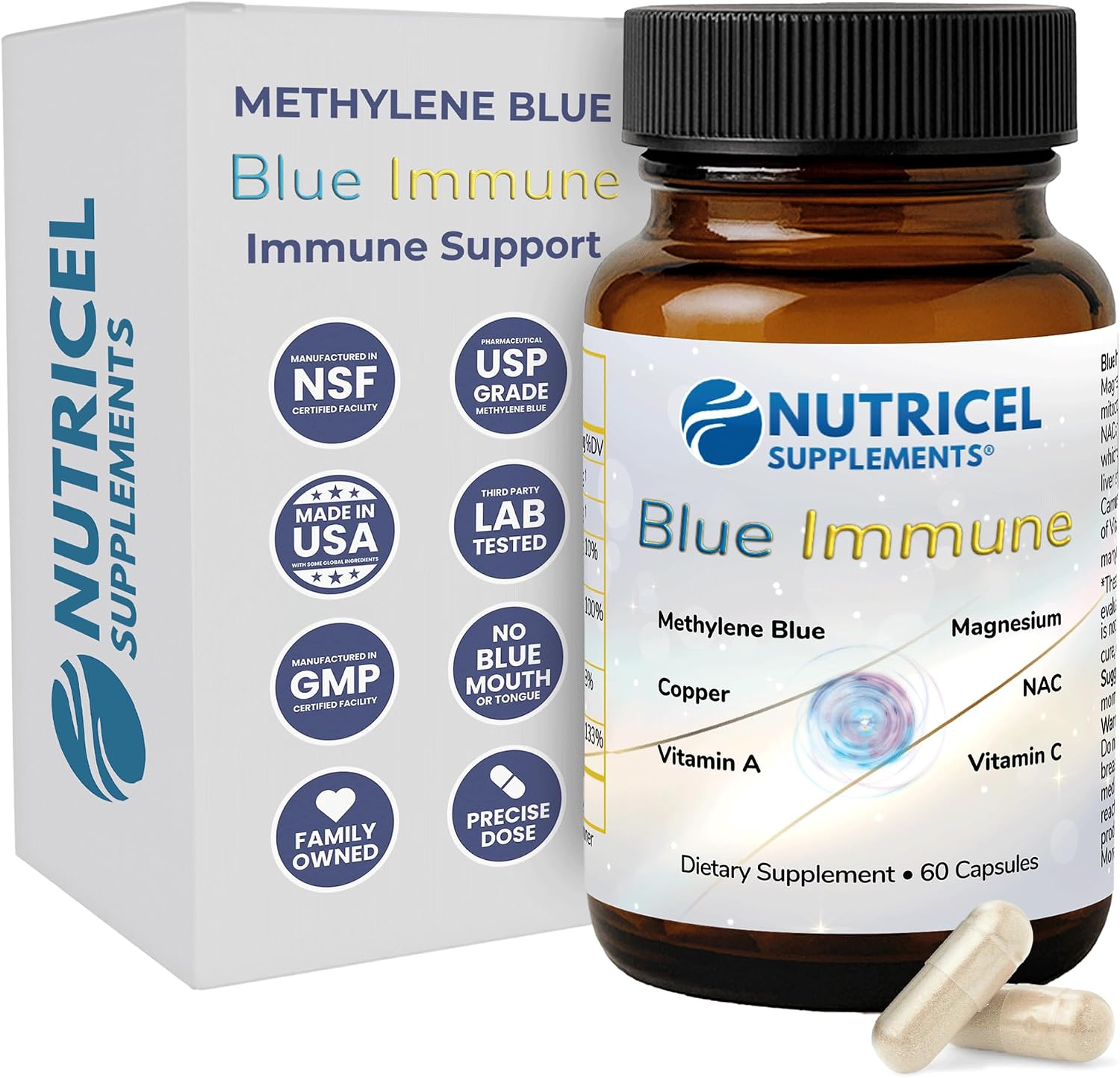 Methylene Blue Pharmaceutical Grade Capsules, 60ct, Nutricel Blue Immune, Added Trace Minerals, Grass fed Beef Liver, Magnesium bisglycinate Added, Inspired by Morley Robbins Cure Your Fatigue