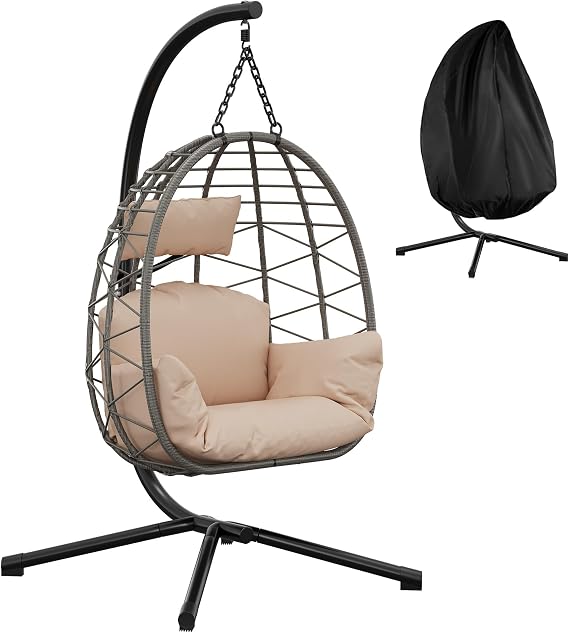 Outdoor Hanging Egg Chair, Foldable Removable Basket, Rattan Garden Egg Swing Chair with Stand, Hammock Basket Seating with Cushion, Dust Cover for Garden, Patio, Balcony, 150kg Capacity