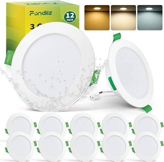 Fondiiz Downlights for Ceiling LED, 5W, 3CCT, IP44 Waterproof, 12 Pack | 220-240V, Warm White/Natural White/Cool White, 68mm-78mm Cut Out, 480LM, LED Spot Lights for Ceiling Bathroom Bedroom, Round [Energy Class E]