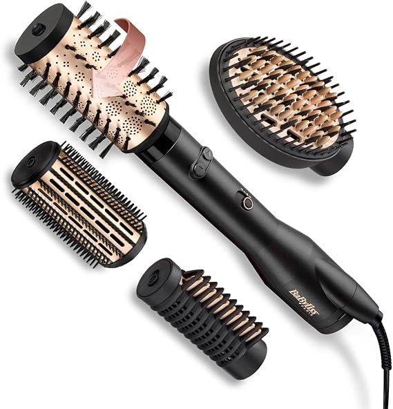 BaByliss AS970E Big Hair Luxe Hot Air Brush, Hair Dryer Brush, 4 Heads, Ionic, Multi-Directional Rotation