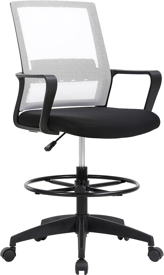 BestOffice Drafting Chair Tall Office Chair Adjustable Swivel Rolling Mesh Height with Lumbar Support Arms Footrest Mid Back for Adults Standing Desk Drafting Stool (Beige)