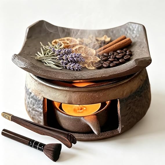 Incense Burner Kit, Ceramic Aromatherapy Diffuser with Wooden Tongs, Oil Warmer, Aromatherapy Burner, Aromatherapy Stove for Bedtime Calm, Meditation, Home and Office