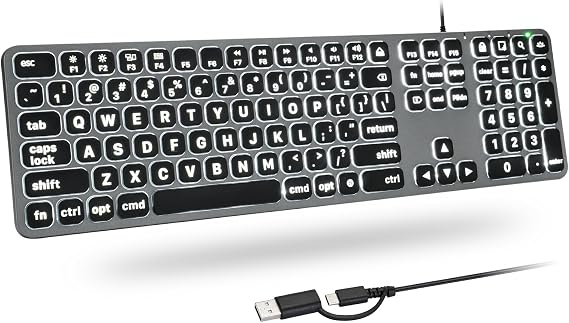 KOPJIPPOM Backlit Wired Keyboard for Mac, Large Print Keyboard with Dual Interface, Full Size Slim Thin Computer Keyboards with Numeric Keypad Compatible with Apple MacBook Air/Pro, iMac, Mac Mini/Pro
