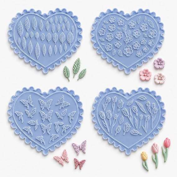 4Pcs Polymer Clay Moulds, Silicone Flower Moulds for Crafting, Peach Blossom Tulip Butterfly Leaf, Air Dry Clay Cutters for Jewelry Making, DIY Earring Keychain Nail Art