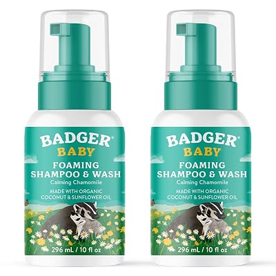 Badger Foaming Baby Shampoo and Body Wash, Gentle Organic Baby Wash wMild Calming Scent of Chamomile, Long Lasting Foam & Easy to Use Sustainable Bottle, 10 fl oz, 2-Pack