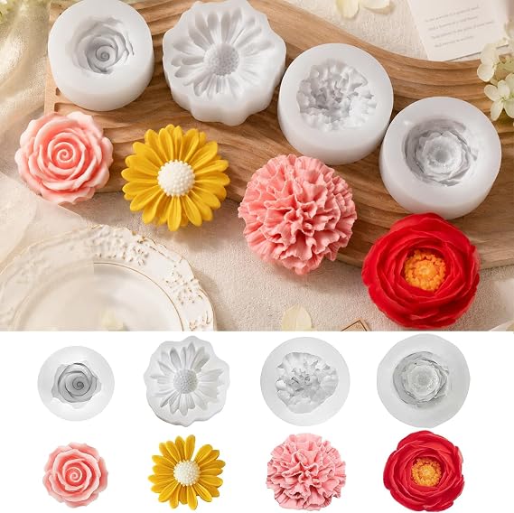 Pack of 4 Peony Flower Candle Moulds Silicone Silicone Mould Flowers Flowers Candle Mould Silicone 3D Peony Silicone Mould Roses Carnation Chrysanthemum Peony 3D Silicone Moulds for DIY Making Pastries