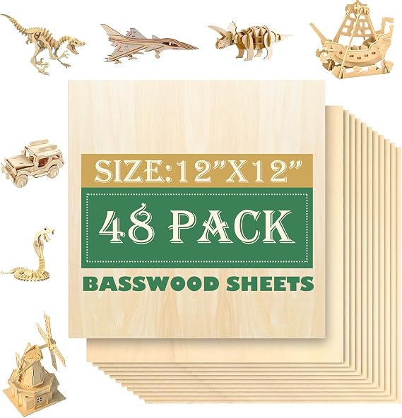 48 Pack 12"x12"Basswood Sheets 1/8",3mm Basswood for Laser Cutting,3mm Plywood Unfinished Wood Craft Wood for DIY Ornaments and Models Drawing Painting Engraving Wood Burning and Laser Cutting