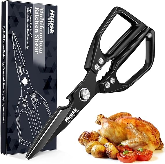 HUUSK Kitchen Scissors for Food, Multifunction Kitchen Shears Heavy Duty | Japanese Stainless Steel Sharp Poultry Shears for Meat, Fish, Chicken Bones, Turkey, Comfortable Handles, Gifts for Women