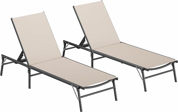 Amopatio Outdoor Lounge Chairs Poolside Chaise Lounge for Patio Set of 2 | Foldable & Stackble, Fully Assembled Weather Resistant 5-Position Adjustable Backrest 400LBS Capacity